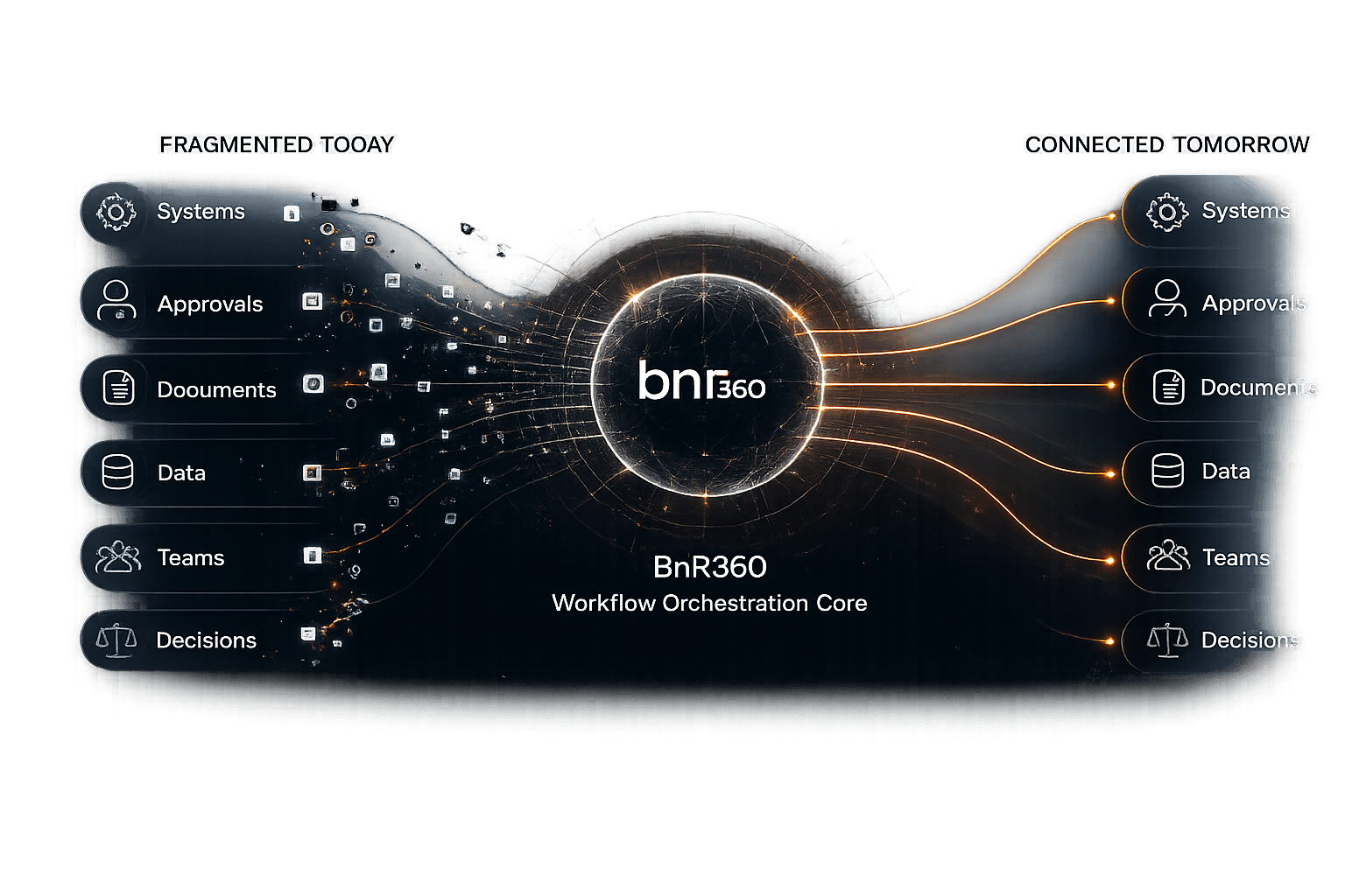Fragmented systems, approvals, documents, data, teams and decisions connected through BnR360 workflow orchestration