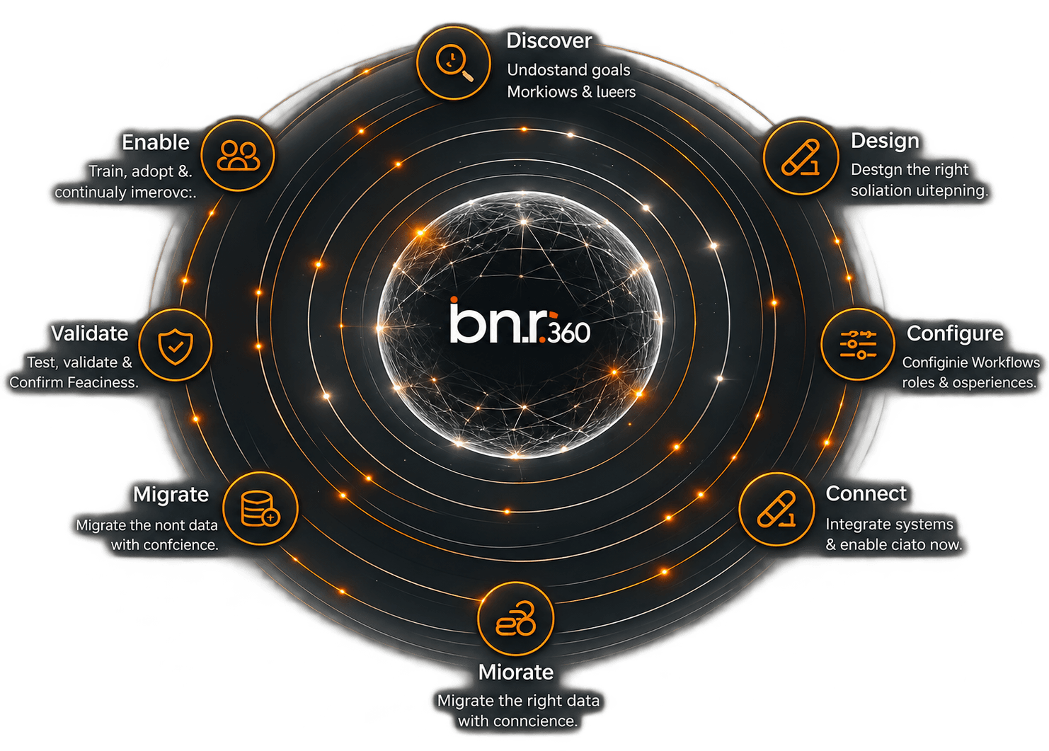 Implementation journey around discover, design, configure, connect, migrate, validate and enable